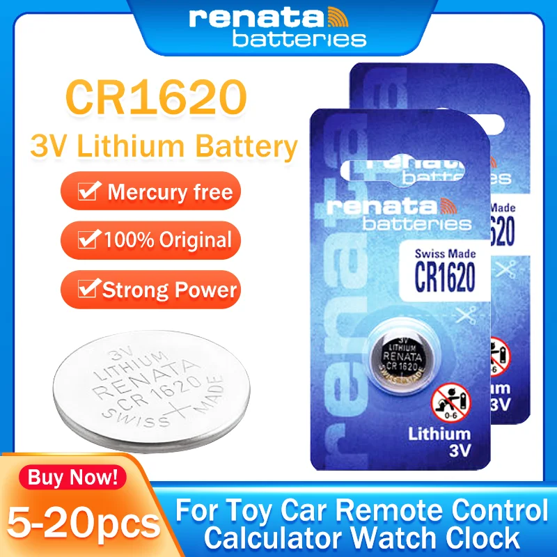 RENATA – batterie Lithium 3V CR1620 CR 100%, pour voiture jouet, clé de  montre, souris, horloge, échelles, boutons, pièces de monnaie, lot de 5 à  20 pièces, BR1620, 1620 - AliExpress