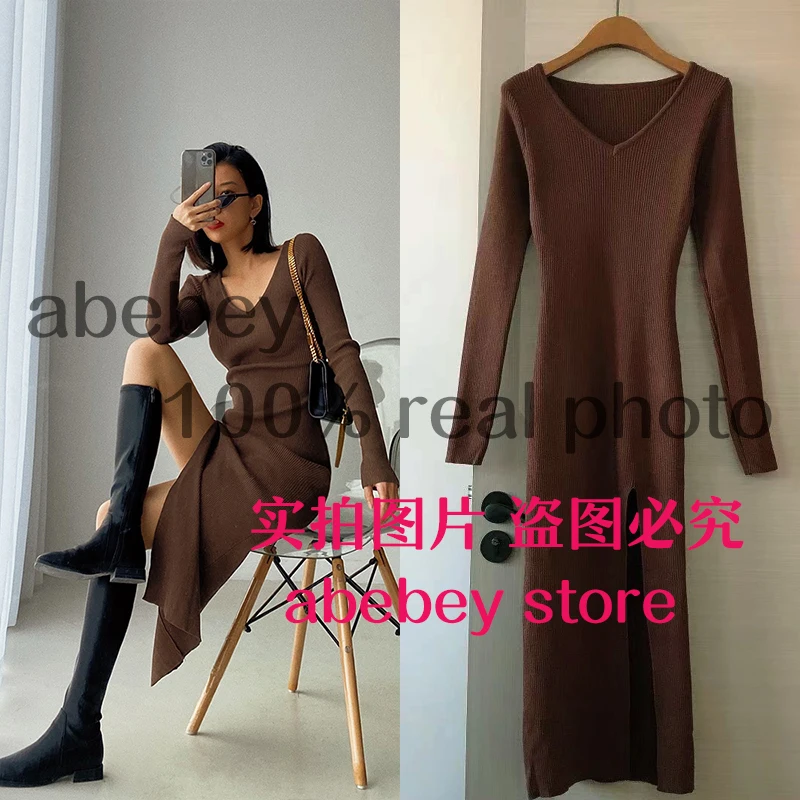 spring and winter sexy French slit sweater dress female slim tight-fitting hip-knit over-the-knee dresses wedding guest dresses Dresses