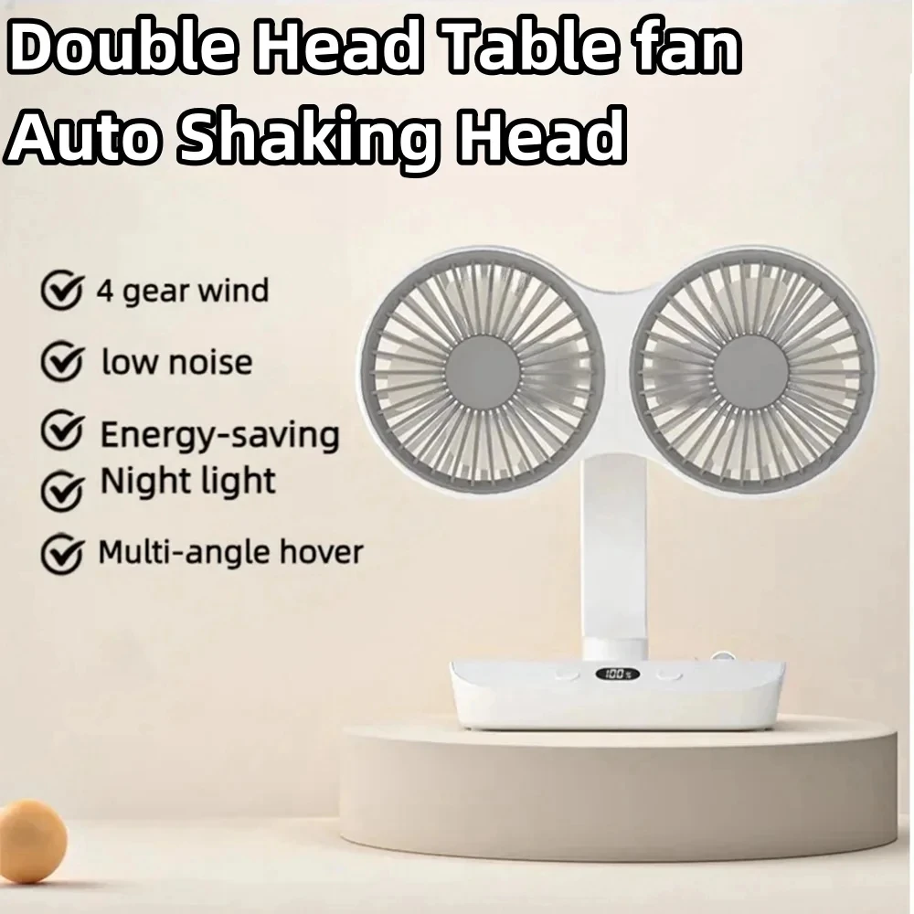 New Double Head Desktop Fan 4-Gears Wind Fast Cooling Digital Display 8000mAh Household Adjustable Direction Shaking Head Fan 3
