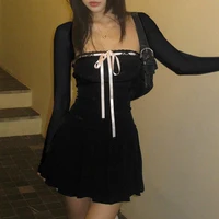 Rockmore Black Lace Up Square Collar Dresses Fashion Women Balletcore Aesthetic Bodycon Long Sleeve Mini Dress Korean Style 2