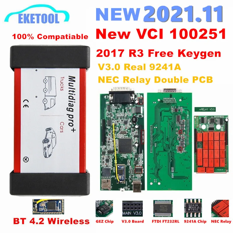 2021.11 Multidiag Pro TCS 블루투스 더블 PCB V3.0 레드 NEC 릴레이, 리얼 9241A 칩 FTDI OBD2 진단 도구, 새로운 VCI