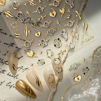 Vintage Gold Stamped Distorted Clock Stars Heart Lock Geometric Lines 3D Self Adhesive Nail Art Stickers Fashion Manicure Decals 1