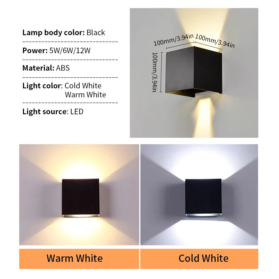LED 벽 조명, 실내 벽 램프, 야외 거실 베란다, IP66 방수, AC110V, 220V, 5W, 6W, 12W