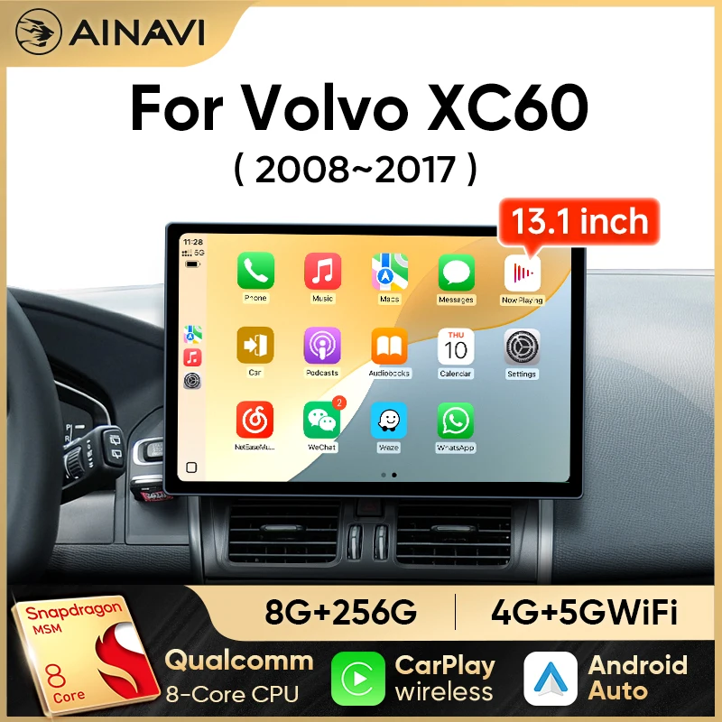 Radio para Auto Ainavi de 13.1 Pulgadas para Volvo XC60 2008 2010 2013 2014 2017, Android Auto Inalámbrico, Carplay, Reproductor Multimedia 1