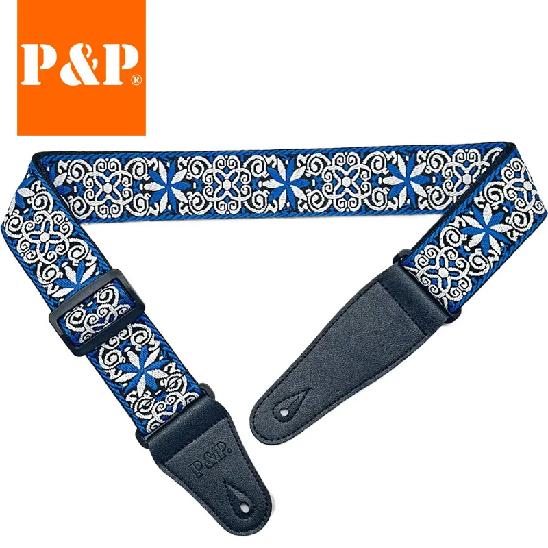 Embroidered Jacquard Guitar Strap with Leather Ends - Adjustable Cotton Band