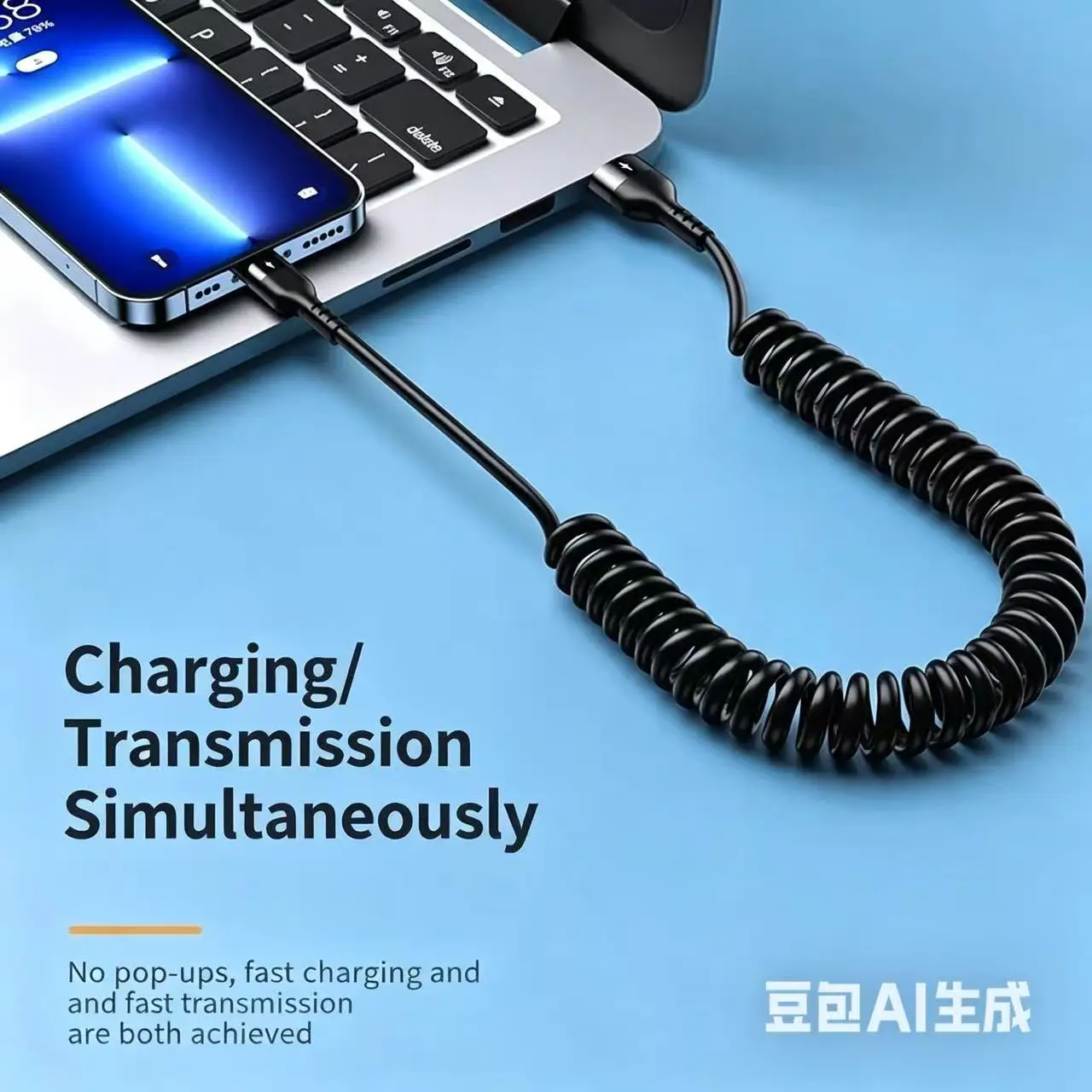 240W 초고속 충전 스프링 USB 케이블, 접이식 코일형 Type-C/Lightning 코드, 두꺼운 순수 구리, 데이터 동기화, 차량용 휴대폰용