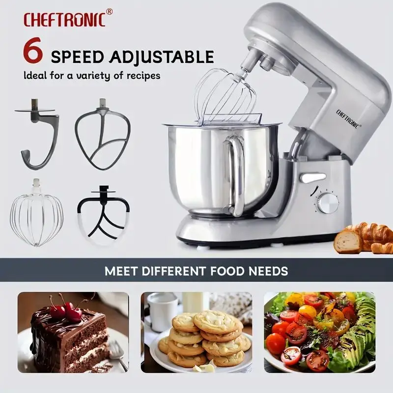 Cheftronic 6 Speed Stand Mixer with 7 Quart Stainless Steel Mixing Bowl,Dough hook, Egg whisk, Kitchen mixer with US Plug 4