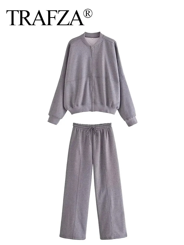 HH Bomber Jacket Pant Set For Women Casual Long Sleeve Zipper Coat Vintage Solid Sweatshirt Suit Autumn Woman Streetwear