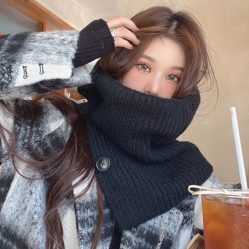 

New button bib Fashionable retro winter warm student female neck cover warm neck protection solid color shawl scarf female
