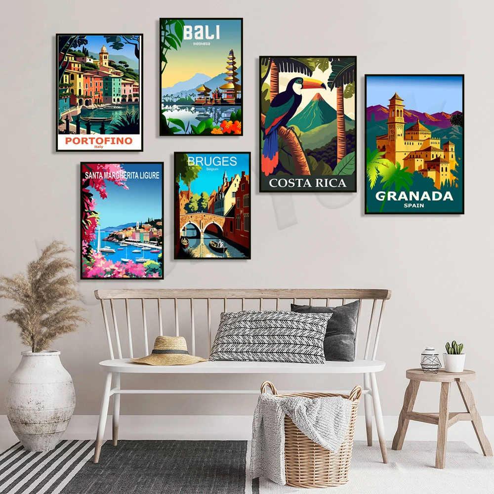 

Lake Como Italy, Bruges, Costa Rica island, Caribbean island, Alhambra, Copenhagen, Bali, Mauritius, Norway fjord land poster