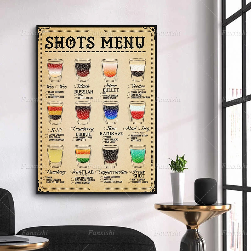 Hd Print Canvas Shots Recipes Vintage Cocktail Menu Pop Wall Art Decor For Bar Pub Restaurant Kitchen Man Cave Club Poster |