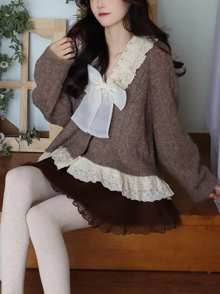 

Kawaii Ruffles Knitted Cardigan Women 2022 Winter Bow Japanese Lace Warm Sweet Sweater Female Single-breasted Korean Casual Tops