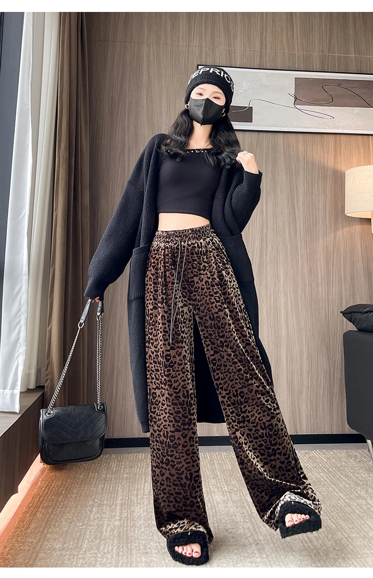 Herbst Klassische Leopard Print Lose Volle Länge Weibliche Breite Bein Hosen Mode Kordelzug Elastische Hohe Taille Casual Frauen Hosen – Detail 7