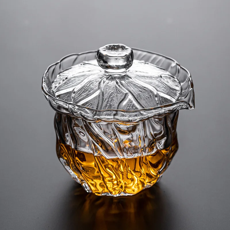 200ml Lotus Leaf Transparent Gaiwan Thickened Tea Cup Heat-resistant Glass Tea Making Pot Single Hand Grab Pot