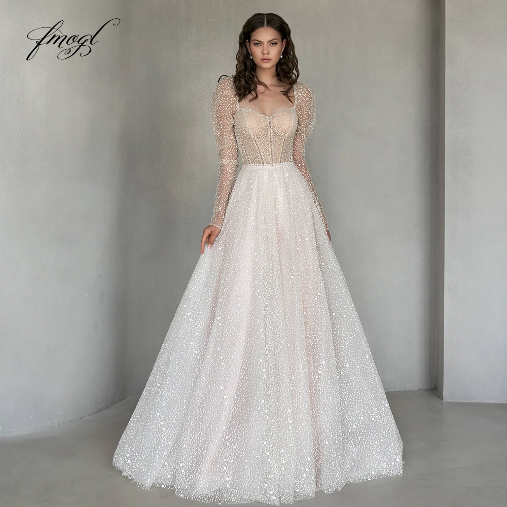 

Fmogl Sexy Illusion Sweetheart Vintage Wedding Dresses Luxury Long Sleeve Beaded Belt Sweep Train A Line Bridal Gown