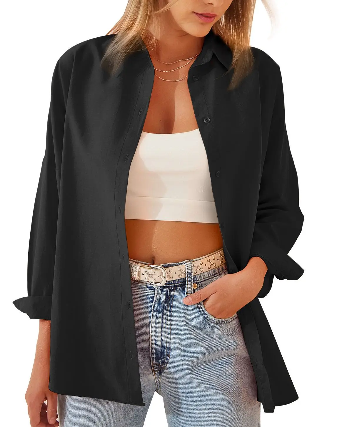 Womens Clothing V-neck Solid Button Long Sleeve Casual Blouse