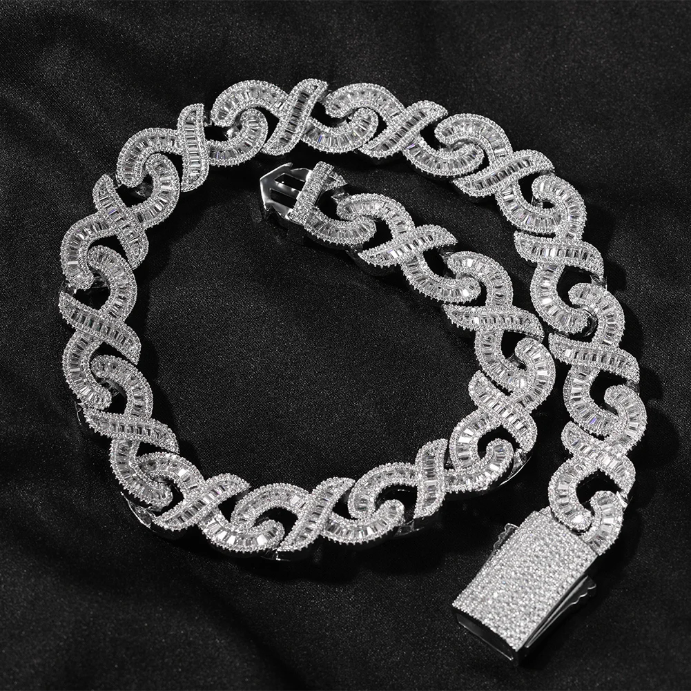 15mm Cross Link Cuban Chain Setting Iced Out Square Cubic Zirconia Fashion Charm Necklace For Women Man