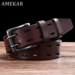 Genuine Leather Double Pin Buckle Belt Classic Hollowed Out Belt Jeans Men Waistband