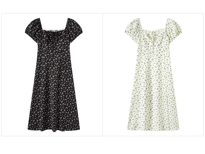 Dress Women Split Bubble Sleeve Medium Long Dress Summer New Square Neck Chiffon Floral Dress Romantic Elegant