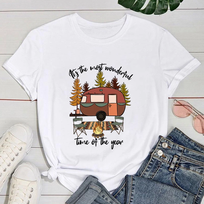 

(Premium T-shirt)Funny Camping It'S The Most Wonderful Time Of The Year Print T-Shirts For Women Summer Round Neck Tee Shirt