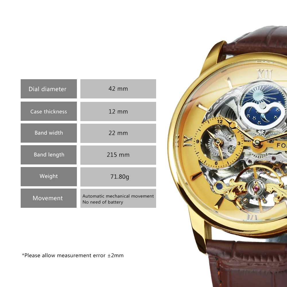 FORSINING Orologio Uomo Meccanico A Carica Automatica, Scheletrato Con Fasi Lunari E Doppio Fuso Orario, Tourbillon, Cinturino In Pelle