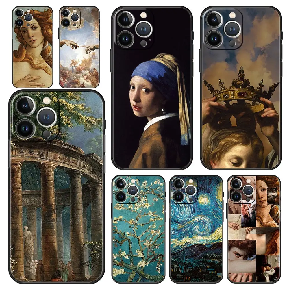 

Renaissance art Painting Luxury Soft Phone Case For iPhone 13 15 14 12 11 Pro MAX XR X SE XS 7 8 Plus Black Protection Cover
