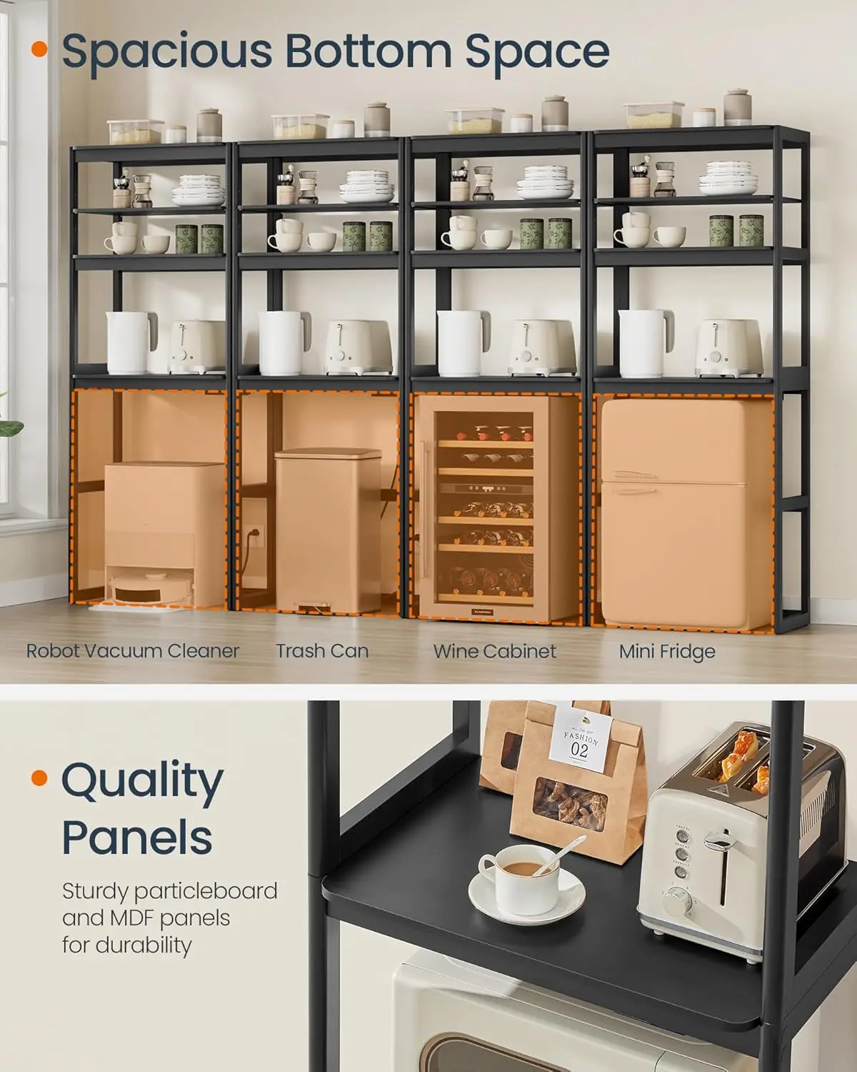 Kitchen Bakers Rack with Power Outlet  4-Tier Coffee Bar Table with Adjustable Shelf  Mini Fridge Shelf  Microwave Stand  15.7 4