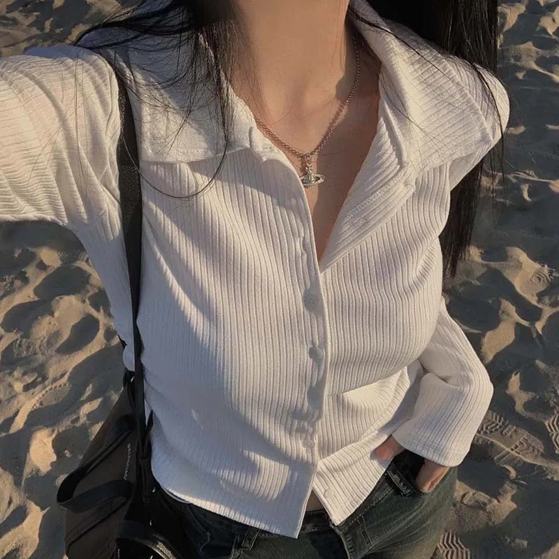 

Autumn POLO collar side drawstring pleated button short T-shirt for women