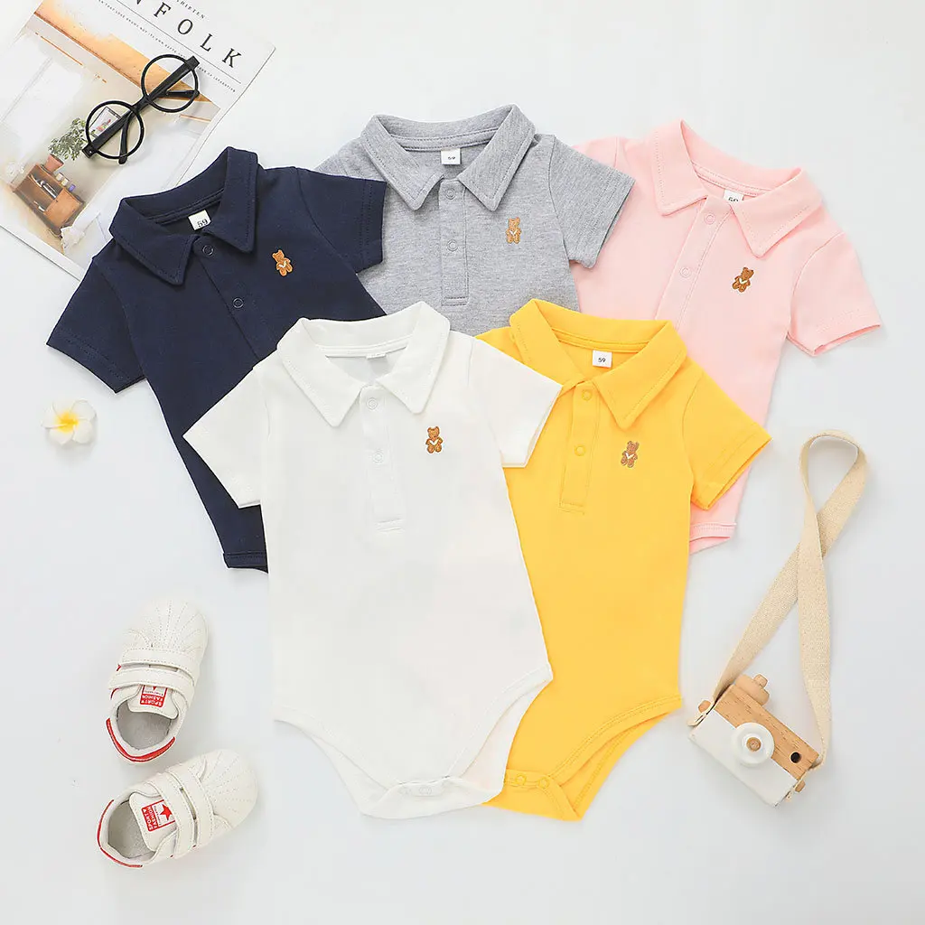 Baby Boy Summer Clothes Short Sleeve Polo Romper Newborn Girl Rompers Cotton 0-12m Turn-down Collar Pink Yellow Gray White Solid baby bodysuit dress