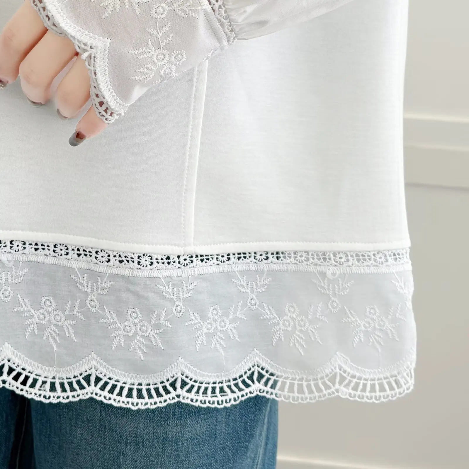 Fashion Plus Size Women's T-Shirt Autumn New Style Elegant Lace Patchwork Long Sleeve Top 2182