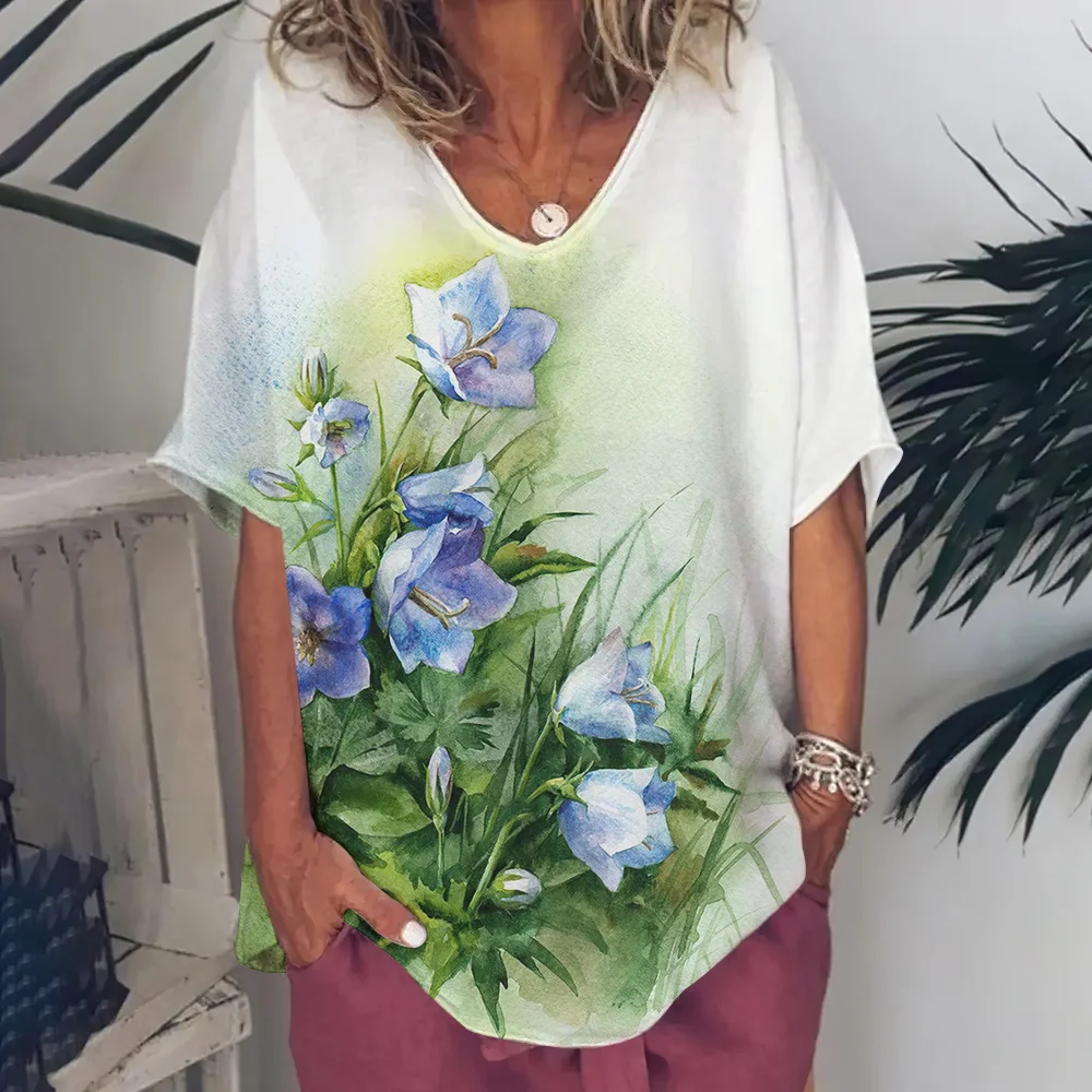 

3d Beautiful Floral Print Women T-Shirts V Neck Short Sleeve Streetwear Fashion Casual Harajuku Ladies Loose Clothing Top Women