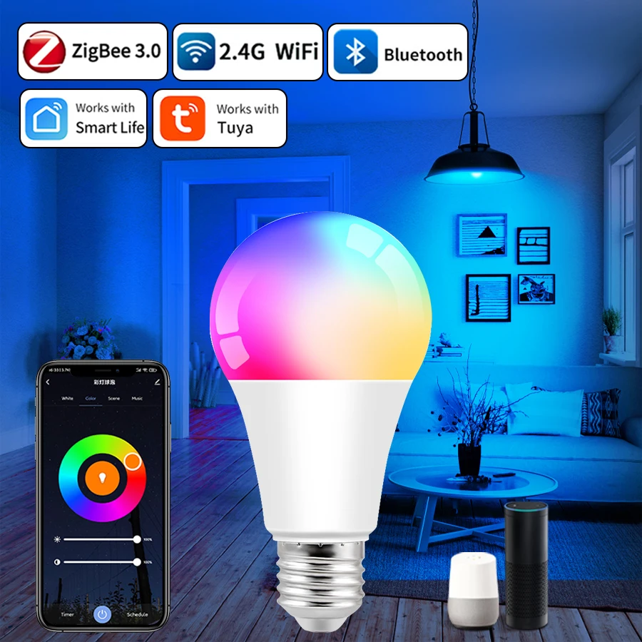 Tuya Smart LED Bulb 85-265V E27 15W RGB Lamp Smart Life APP Control Dimmable Timer Function Group Control ZigBee WiFi Bluetooth
