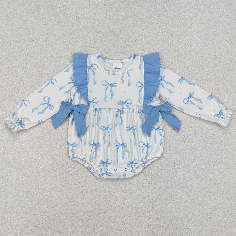 Hot Sale Baby Girls Rompers Blue Stripes Dog Embroidery Boutique Long Sleeve Rompers Kids Clothes Toddler Girls Rompers Onesie 6