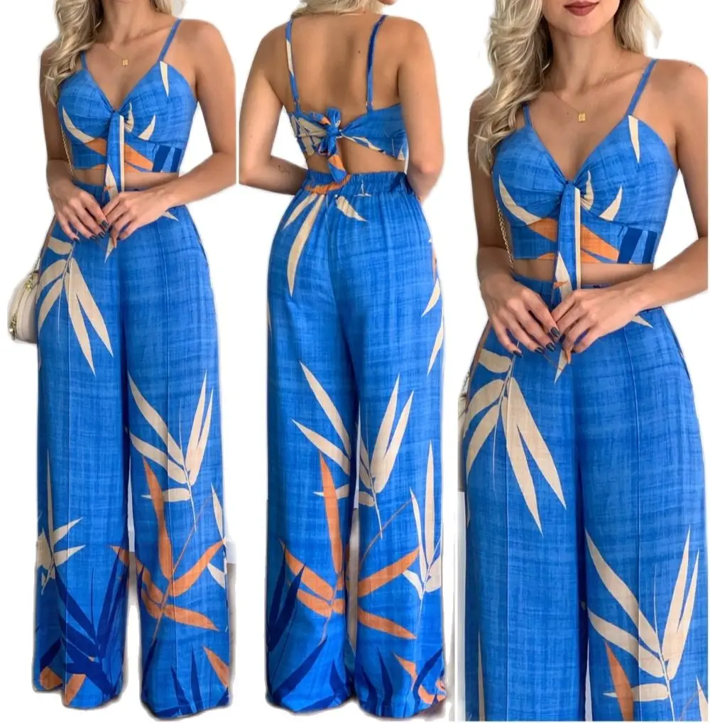 

Women Sleeveless Floral Printed Deep V Sexy Tops Blouse and High Waist Pants Sets Casual Summer Clothes Female