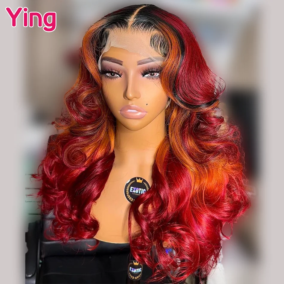 Ying 1B Root Highlight Orange Red 180% Body Wave 13X6 Parrucca Anteriore In Pizzo Trasparente 13X4 Parrucca Anteriore In Pizzo Prepizzicata Con I Cape