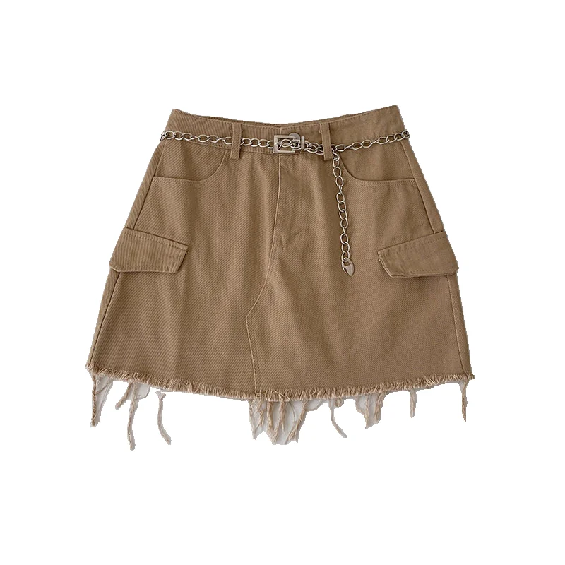 

With chain hem raw edge high waist khaki A-line skirt women's summer Korean of the retro anti-glare skirts