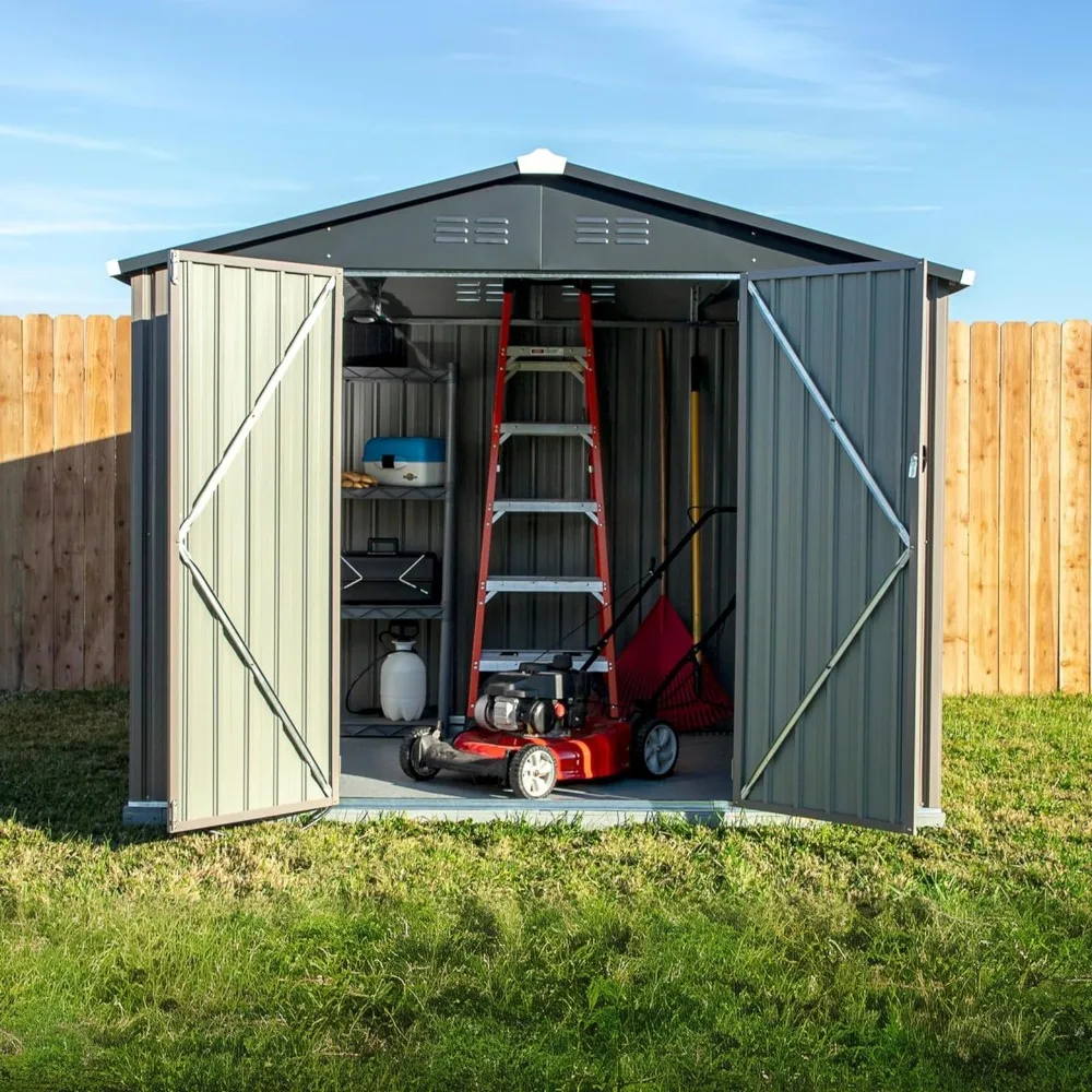 

8x6 Metal Outdoor Galvanized Steel Storage Shed with Swinging Double Lockable Doors for Backyard or Patio Storage of Bikes, Tool