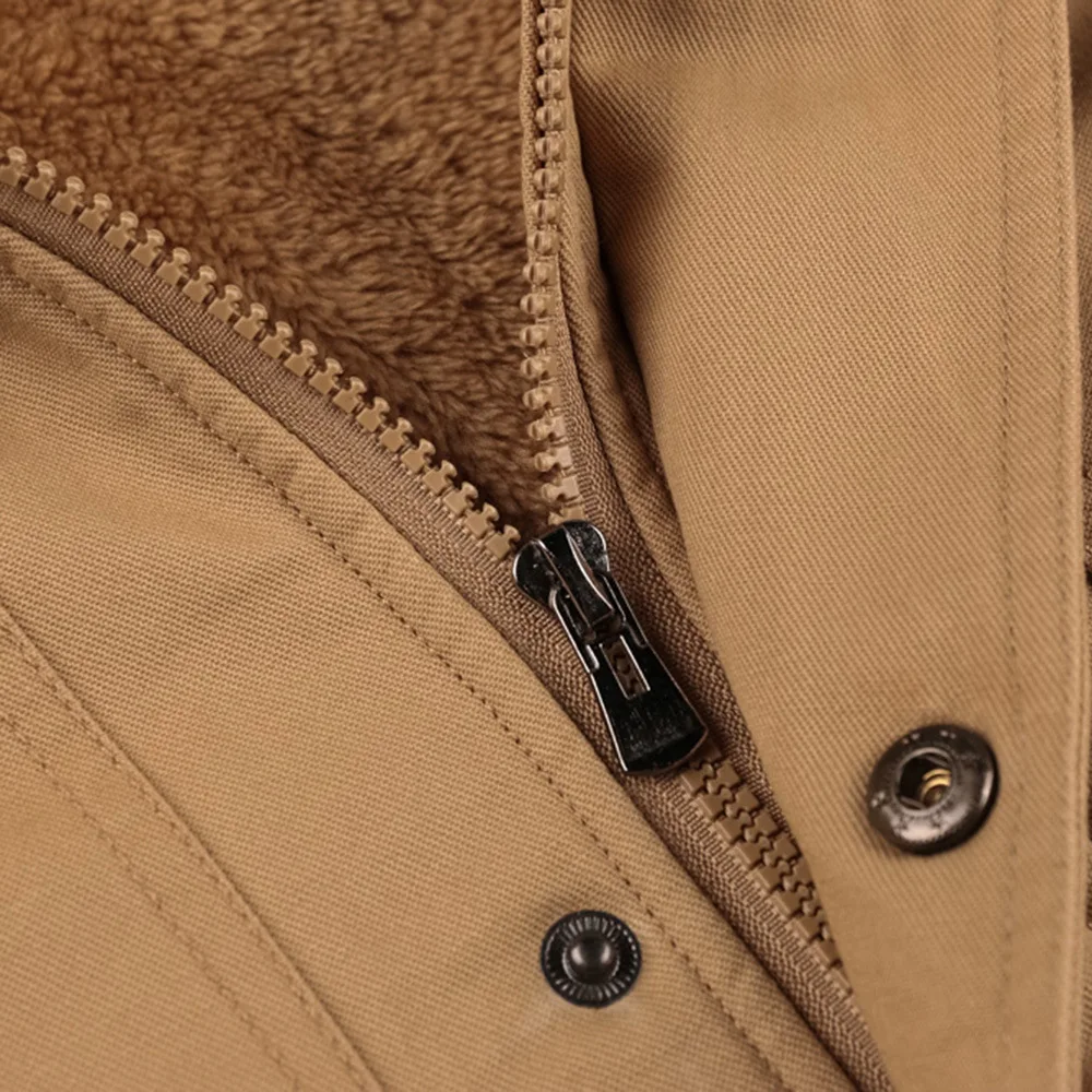 Men's Winter Casual Thick Hooded Zipper Cargo Jacket Male Multi Pockets Fleece-lined Windproof Military Jackets Outdoors Coats