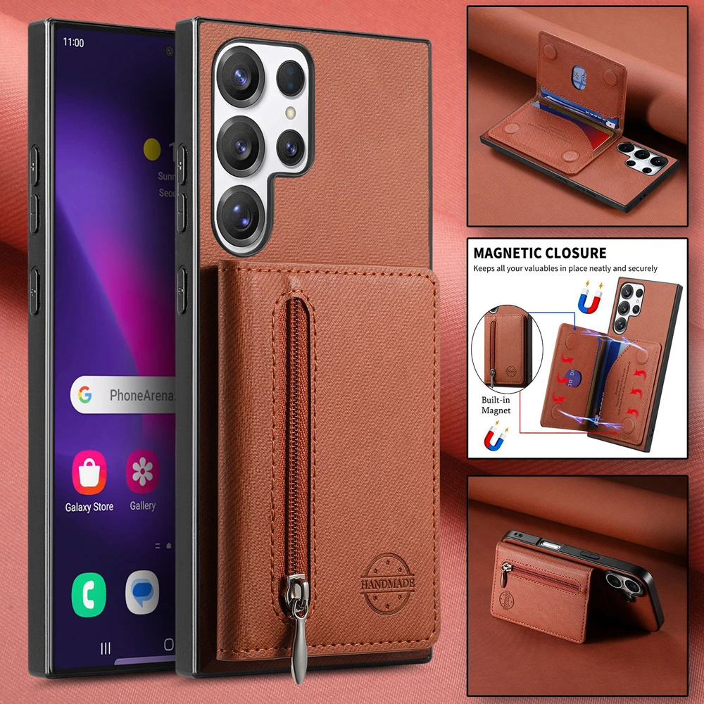 Zippered Leather Wallet Phone Case with Card Holder and Stand