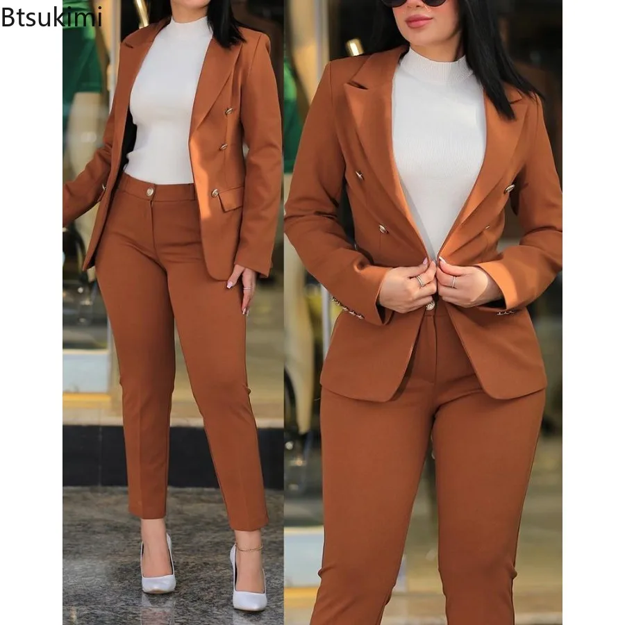 Women Formal Pant Set 2023 New in Casual Double Breasted Blazers Jacket Pants Two Piece Sets Elegant Office Ladies Business Sets