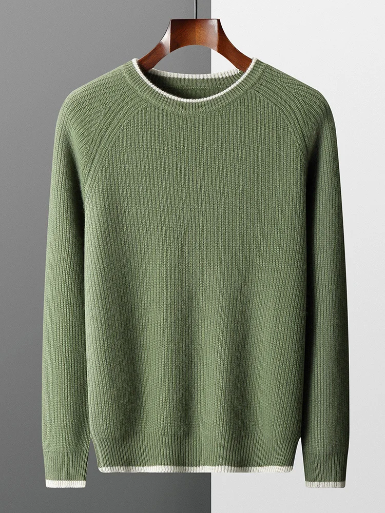 Autumn and Winter New Men's 100% Merino Wool Sweater Thickened Round Neck Knitted Hoodie Long Sleeve Solid Color Men's Wear 4