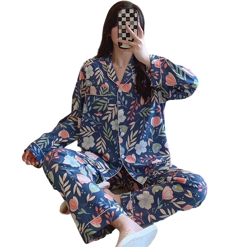 Spring Female Pajamas Long Sleeve Pant Two-piece Set Thin Lapel Cotton Silk Nightgown Sweet Print Home Wear Clothing for Women