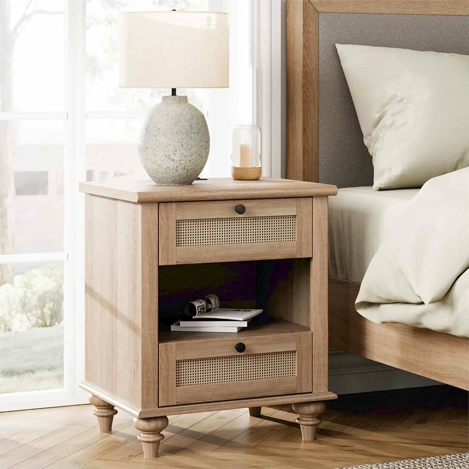White side table with 2 drawers and charging station, medieval bedroom nightstand with power outlet and USB port