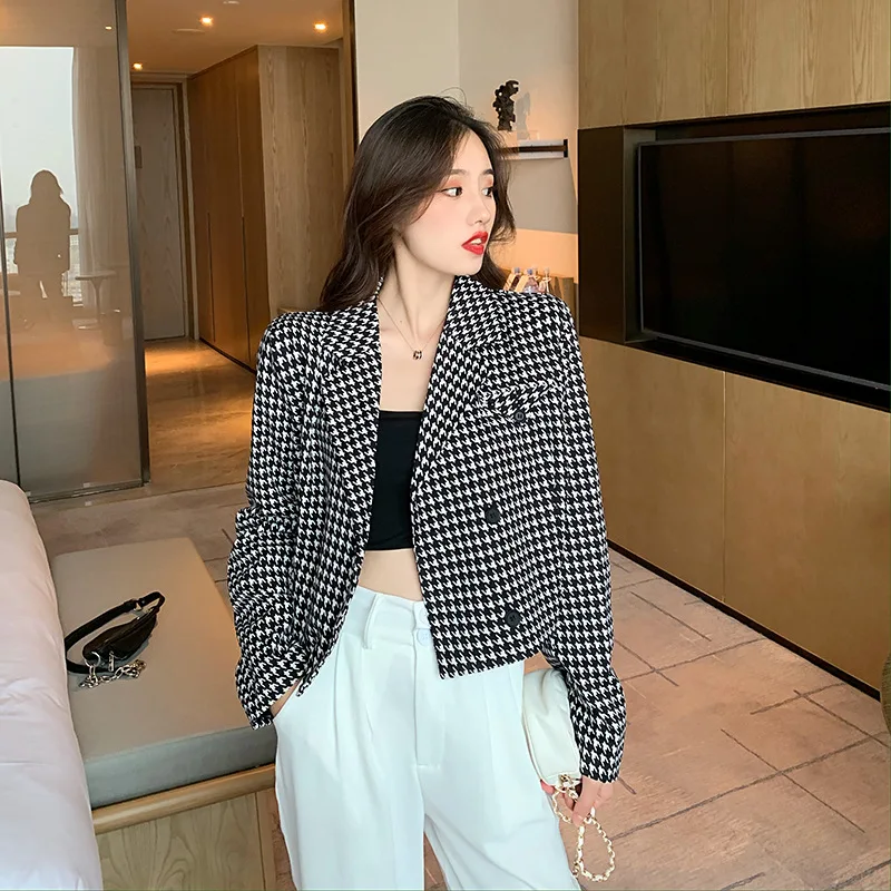 

Fashion Houndstooth Blazer Suit Women Single Breasted All-Match Casual Office Blazer Office Lady 2021 New Commute Plaid Suit