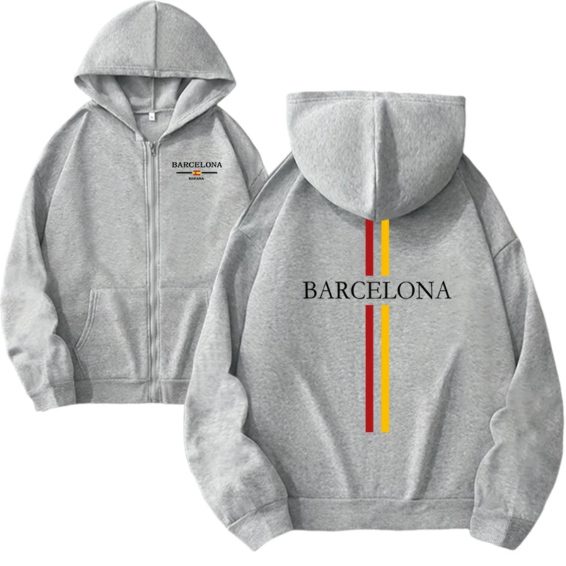 Autumn Winter Female Daily Casual Sport Coat 2025 New Arrival Woman Zipper Hoodie High Quality Barcelona Print Hooded Sweatshirt