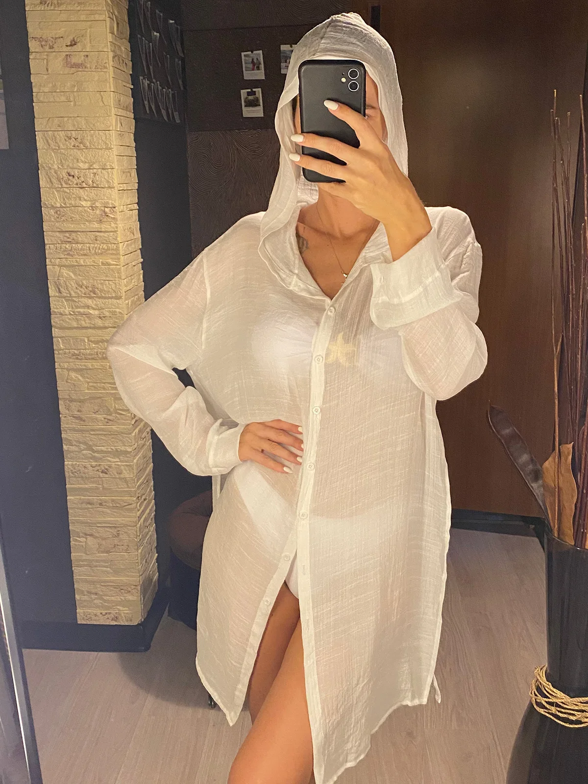 New Hooded White Shirt Long Sleeve Top Blouse Tunic Beach Cover Up Cover-ups Beach Dress Wear Beachwear Female Women