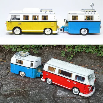 T1 Doka 트레일러 버스 픽업 호환 10220 기술 T2 캠핑카 밴 빌딩 블록, 자동차 모델 브릭 21001 장난감, 어린이 선물