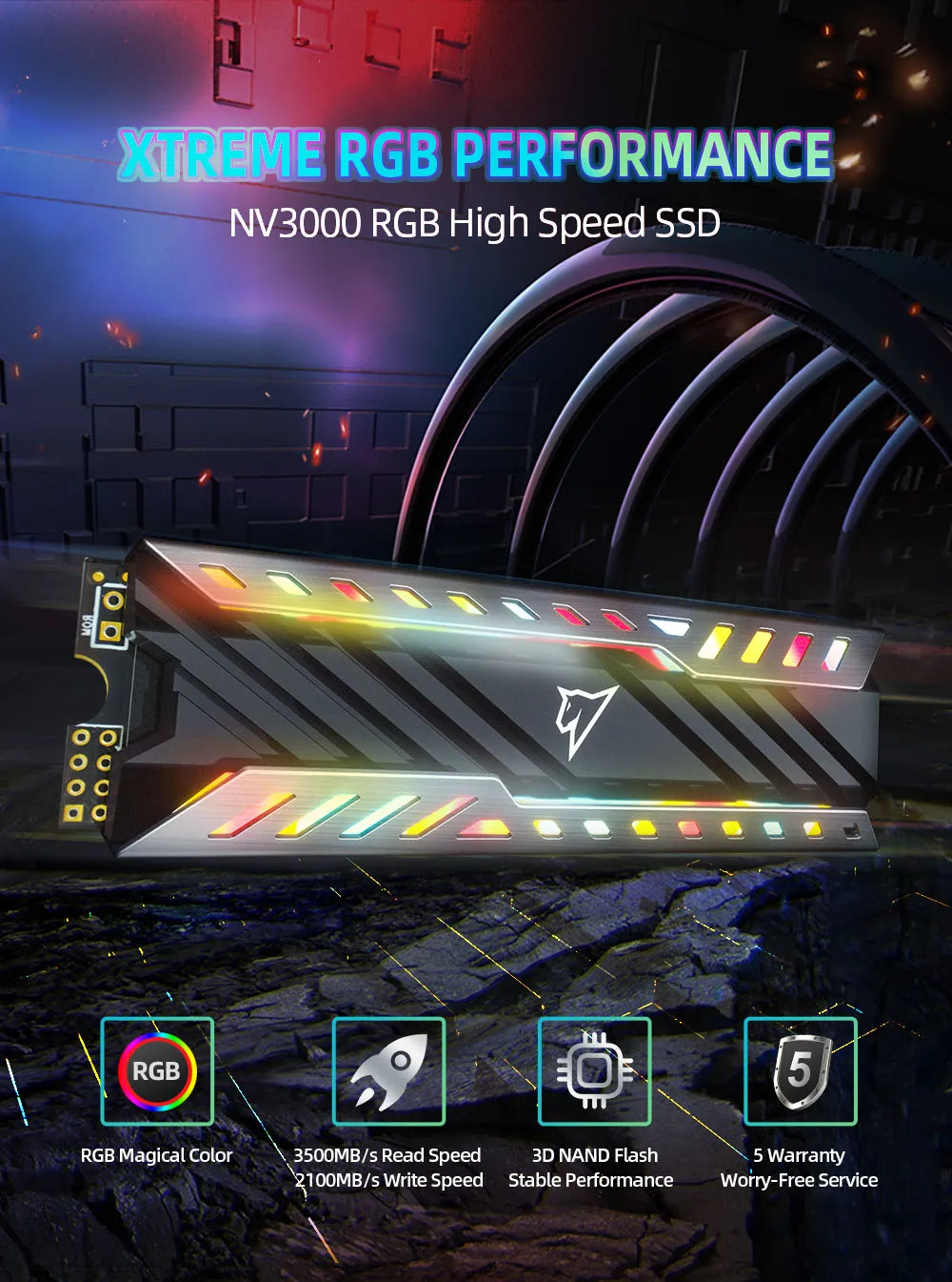 Netac NV3000 RGB PCIe 3 x4 M.2 2280 NVMe 3D NAND SSD 500GB, R/W up to 3400/2000MB/s, with heat sink & RGB