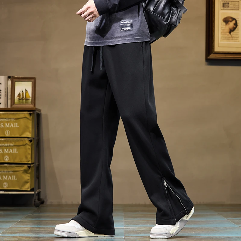 Stretch Knitted Casual Pants Men's Sweatpants Fashion Zipper Design Streetwear Micro Flared Loose Jogging Pants Black Biege Navy