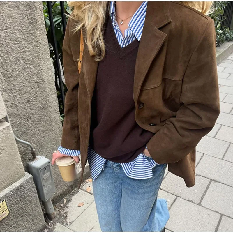 Women Suede Jackets Loose Lapel Single Breasted Long Sleeves Pockets Blazer Coats Female Autumn Fashion New in Outwear